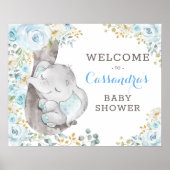 Soft Blue Floral Elephant Baby Dusche Empfang Poster (Vorne)