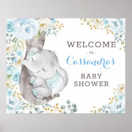Soft Blue Floral Elephant Baby Dusche Empfang Poster