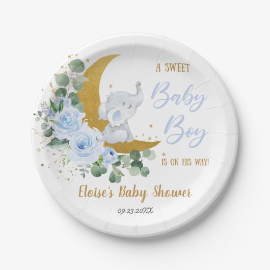 Soft Blue Floral Elephant Sweet Baby Boy Dusche Pappteller (Vorderseite)