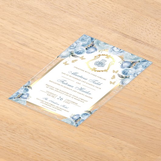 Soft Blue Floral Gold Arch muslimische Hochzeit Acryleinladungen (Ablage )