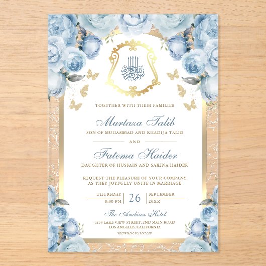 Soft Blue Floral Gold Arch muslimische Hochzeit Acryleinladungen (Vorderseite)