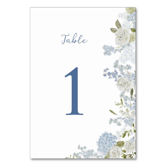 Soft Blue Floral Handschriftlich Tischnummer (Vorderseite)