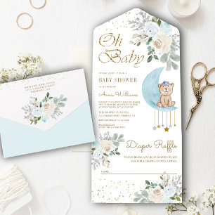 Soft Blue Floral Moon Niedlich Teddy Bear Baby Dus All In One Einladung