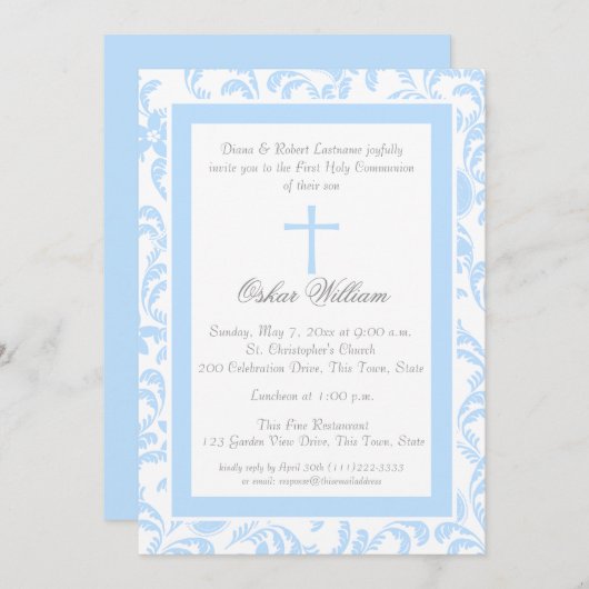 Soft Blue Floral Paisley Erste Kommune Einladung (Vorne/Hinten)