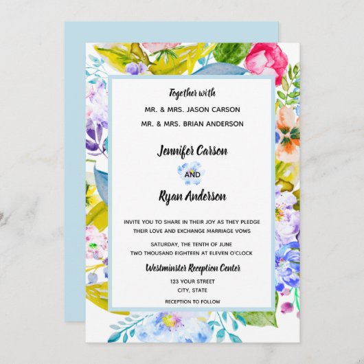 Soft Blue Floral Romantic Wedding Einladung (Vorne/Hinten)