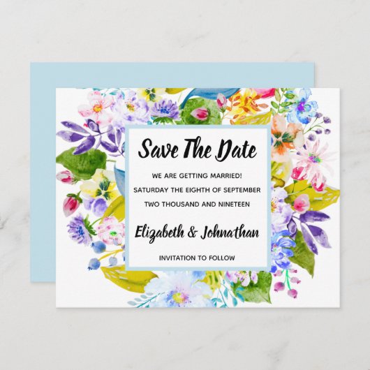Soft Blue Floral Romantik Save the Date Einladung (Vorne/Hinten)