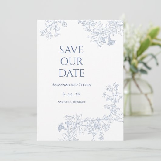 Soft Blue Floral Save the Date (Stehend Vorderseite)