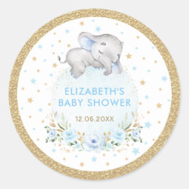 Soft Blue Gold Boy Elephant Baby Shower Favoriten Runder Aufkleber