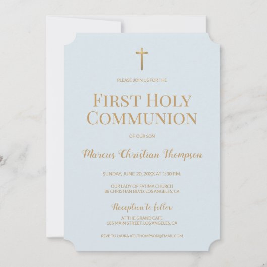 Soft Blue Gold Cross Boy Erste heilige Kommunion Einladung (Vorderseite)