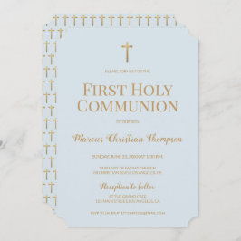 Soft Blue Gold Cross Boy Erste heilige Kommunion Einladung