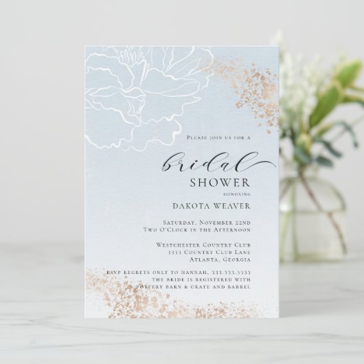 Soft Blue Gold Floral Brautparty Einladung (Stehend Vorderseite)