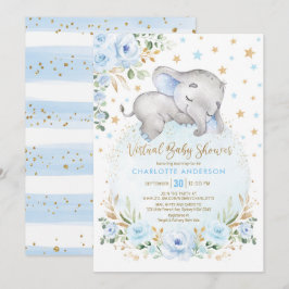 Soft Blue Gold Floral Elephant Virtual Baby Dusche Einladung