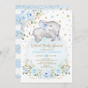 Soft Blue Gold Floral Elephant Virtual Baby Dusche Einladung