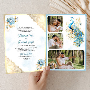 Soft Blue Gold Lace Floral Indian Peacock Wedding Einladung