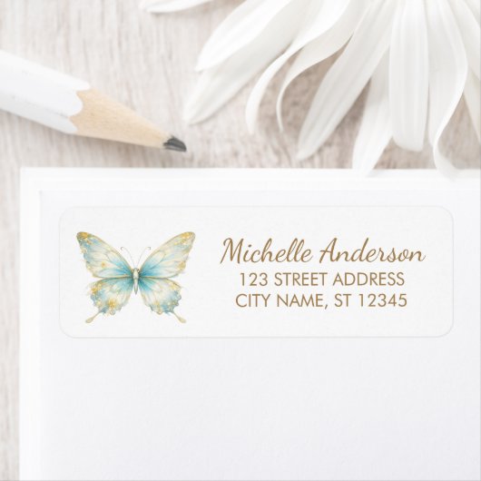 Soft Blue & Gold Sparkle Butterfly Return Address  (Insitu)