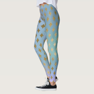 Soft Blue Golden Rhombus Hell Details Elegant Leggings