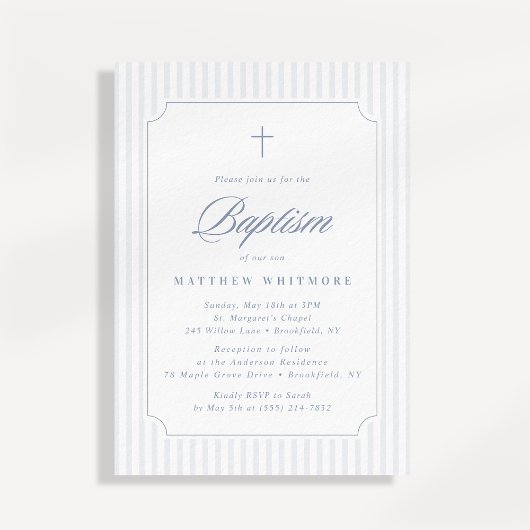 Soft Blue-Gray Striped Baptism Invitation Einladung