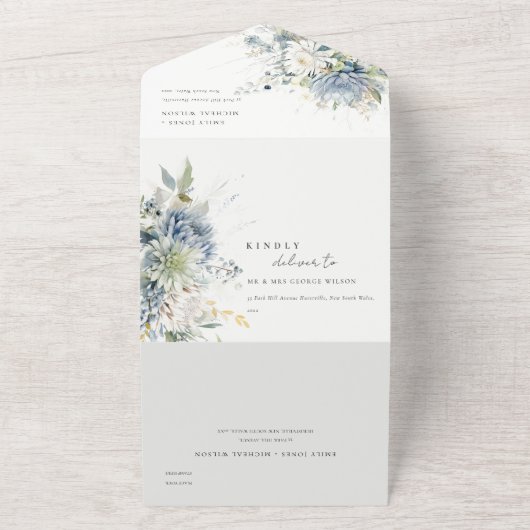 Soft Blue Green Succulent Floral Botanical Wedding All In One Einladung (Außenbereich)