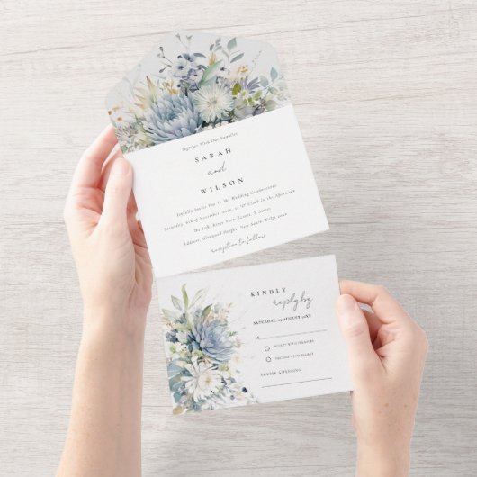 Soft Blue Green Succulent Floral Botanical Wedding All In One Einladung (Abreißen)
