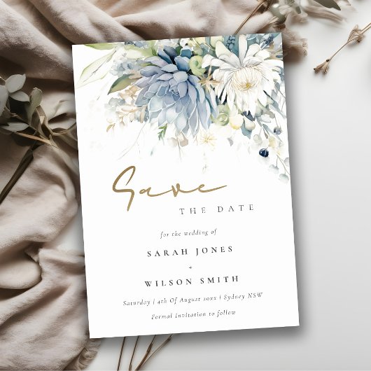 Soft Blue Green Succulent Floral Botanical Wedding Save The Date