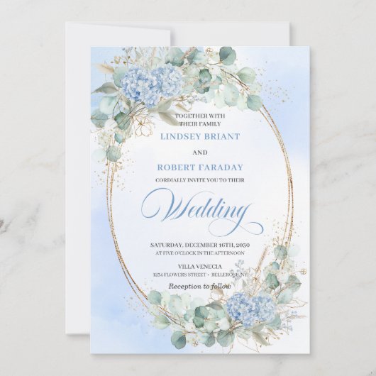 Soft Blue Hydrangea Wheat Gold Elegant Wedding  Einladung (Vorderseite)