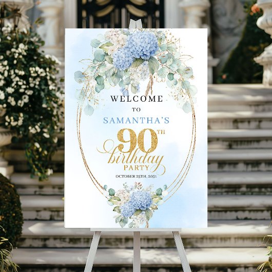 Soft Blue Hydrangeas Boho 90th birthday welcome Poster