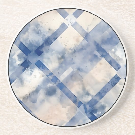 Soft Blue Kariert Round Sandstone Untersetzer (Vorne)