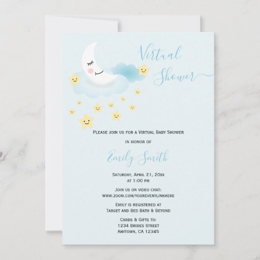 Soft Blue Moon & Stars | Virtual Baby-Dusche Einladung (Vorderseite)