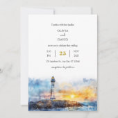 Soft Blue Nautical Sunset Lighthouse Beach Hochzei Einladung (Vorderseite)