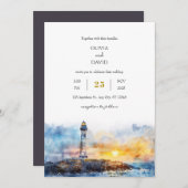 Soft Blue Nautical Sunset Lighthouse Beach Hochzei Einladung (Vorne/Hinten)