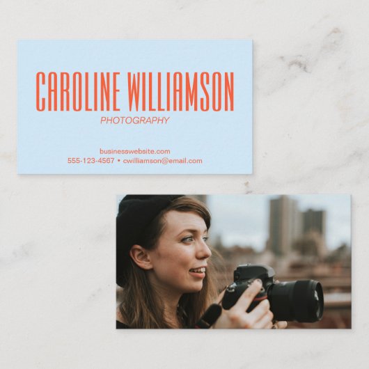 Soft Blue Orange Bold Name Photo Back Photographer Visitenkarte (Vorne/Hinten)