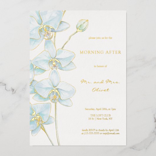 Soft Blue Orchid Morgens Folieneinladung (Vorderseite)