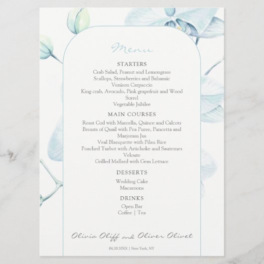 Soft Blue Orchid Wedding Menu Menükarte (Vorderseite)