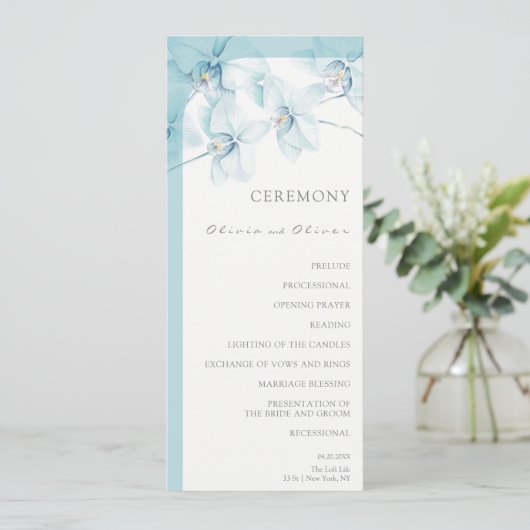 Soft Blue Orchid Wedding Programm (Stehend Vorderseite)