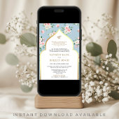 Soft Blue Pink Floral Anand Karaj Sikh Wedding Einladung