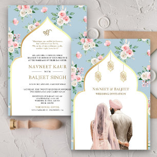 Soft Blue Pink Floral Anand Karaj Sikh Wedding Einladung