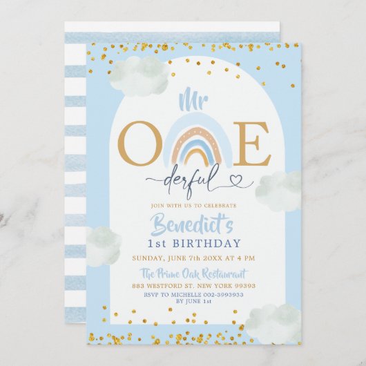 Soft Blue Rainbow Mr. Onederful Boys Geburtstag Einladung (Vorne/Hinten)