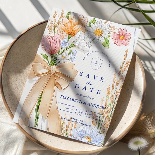 Soft Blue Ribbon Floral Wedding Save The Date