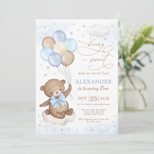 Soft Blue Teddy Bear Balloons Birthday Boy Party Einladung (Stehend Vorderseite)