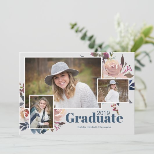 Soft Blue Three Foto Trendy Graduation Party Einladung (Stehend Vorderseite)