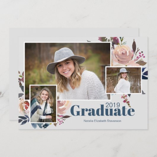 Soft Blue Three Foto Trendy Graduation Party Einladung (Vorne/Hinten)