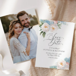 Soft Blue und Pink Blume Script FOTO WEDD Save The Date