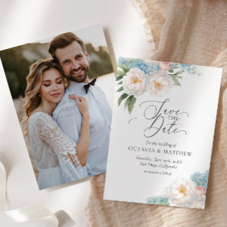 Soft Blue und Pink Blume Script FOTO WEDD Save The Date