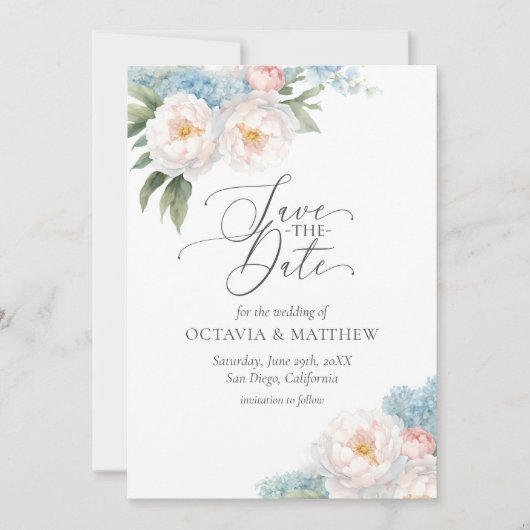 Soft Blue und Pink Blume Script WEDD Save The Date (Vorderseite)