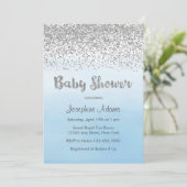 Soft Blue und Silver Baby Dusche Einladung (Stehend Vorderseite)