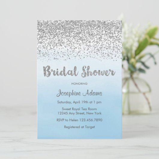 Soft Blue und Silver Bridal Dusche Einladung (Stehend Vorderseite)
