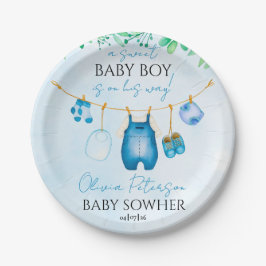 Soft Blue Watercolor Baby Clothesline Pappteller