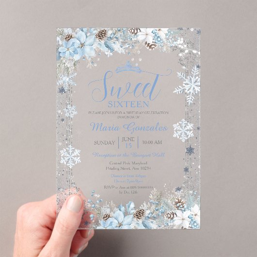 Soft Blue Winter Floral Christmas Sweet Sixteen Acryleinladungen (Insitu (Handheld))