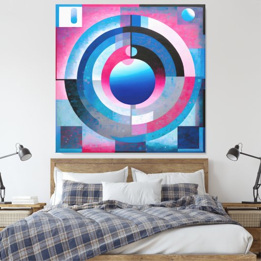 Soft Blues & Pinks: Retro-Abstrakter Geometrie-Arm Leinwanddruck (Insitu (Schlafzimmer))