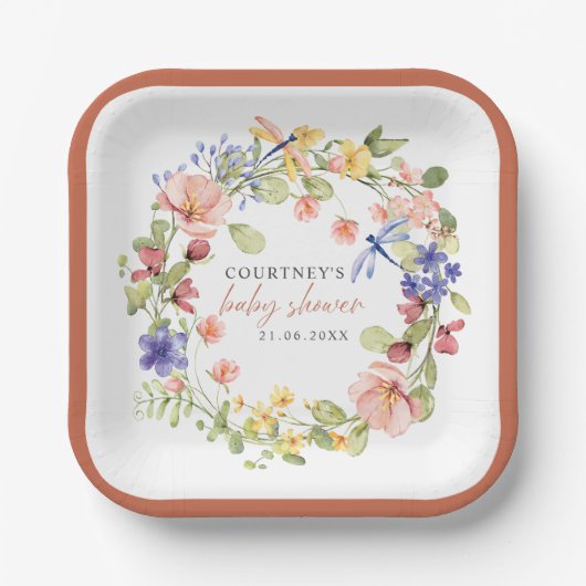 Soft Blume Dragonflies Boho Chic Babydusche Pappteller (Vorderseite)